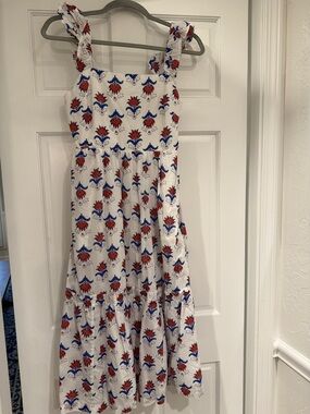 J.Crew Block Print Floral White Midi Dress with Red & Blue Print - Size 0